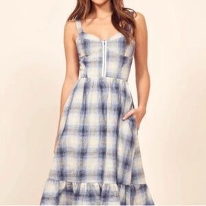 Reformation Dolci Blue Plaid Linen
Midi Peasant Dress
